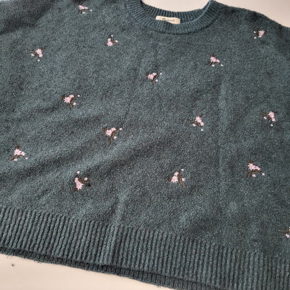 Madewell Embroidered‎ Cross Stitch Floral Pullover Sweater Dark Green Spruce L - Picture 8 of 8